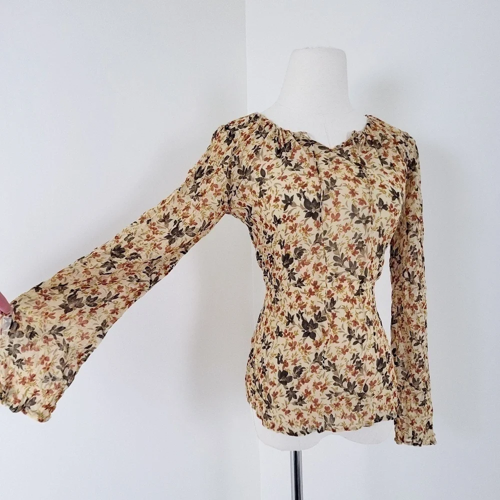Y2K Long Sleeve Sheer Floral Blouse Size XS Tan Milkmaid - Picture 12 of 13